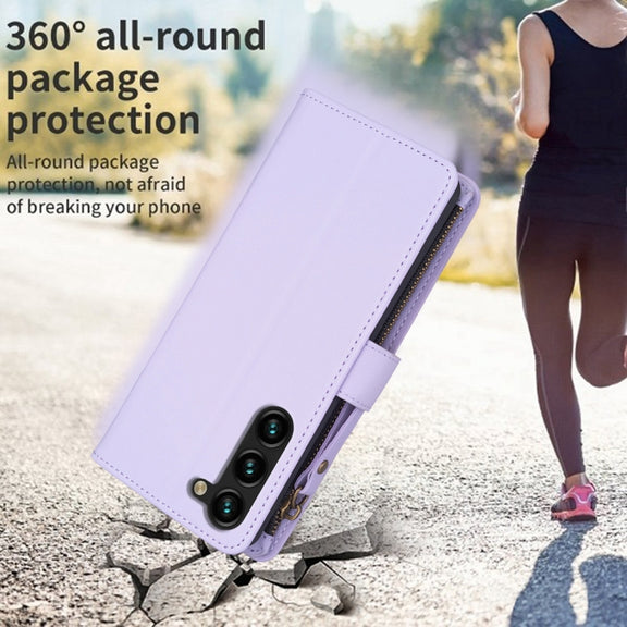 For Samsung Galaxy S25+ 5G 9 Card Slots Zipper Wallet Leather Flip Phone Case(Light Purple)