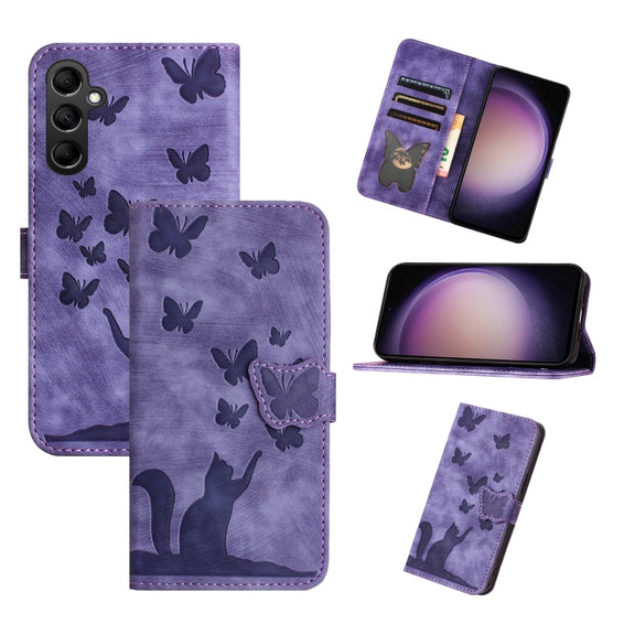 For Samsung Galaxy S25 5G Butterfly Cat Embossing Flip Leather Phone Case(Purple)