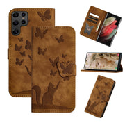 For Samsung Galaxy S25 Ultra 5G Butterfly Cat Embossing Flip Leather Phone Case(Brown)