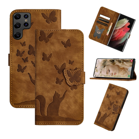 For Samsung Galaxy S25 Ultra 5G Butterfly Cat Embossing Flip Leather Phone Case(Brown)