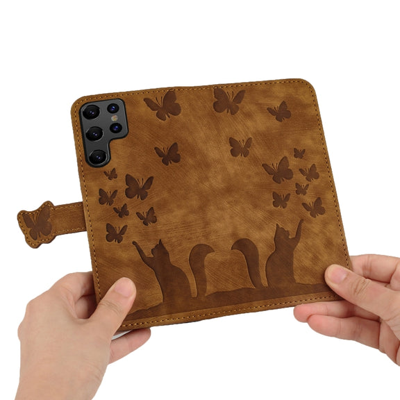 For Samsung Galaxy S25 Ultra 5G Butterfly Cat Embossing Flip Leather Phone Case(Brown)
