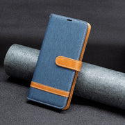 For Samsung Galaxy S25 5G Color Block Denim Texture Leather Phone Case(Dark Blue)