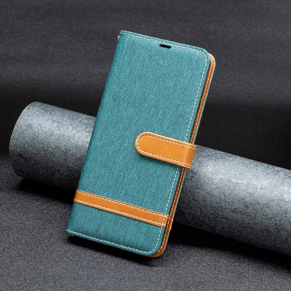 For Samsung Galaxy S25 5G Color Block Denim Texture Leather Phone Case(Green)