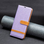 For Samsung Galaxy S25 5G Color Block Denim Texture Leather Phone Case(Purple)