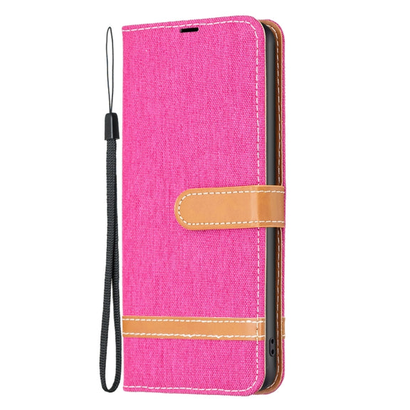 For Samsung Galaxy S25 5G Color Block Denim Texture Leather Phone Case(Rose Red)
