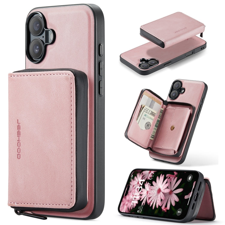 For iPhone 16 Plus JEEHOOD J02 Magnetic Zipper Horizontal Flip Leather Phone Case(Pink) - free shipping - PMC Jewellery - Order now!