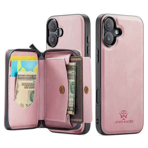 For iPhone 16 Plus JEEHOOD J02 Magnetic Zipper Horizontal Flip Leather Phone Case(Pink)