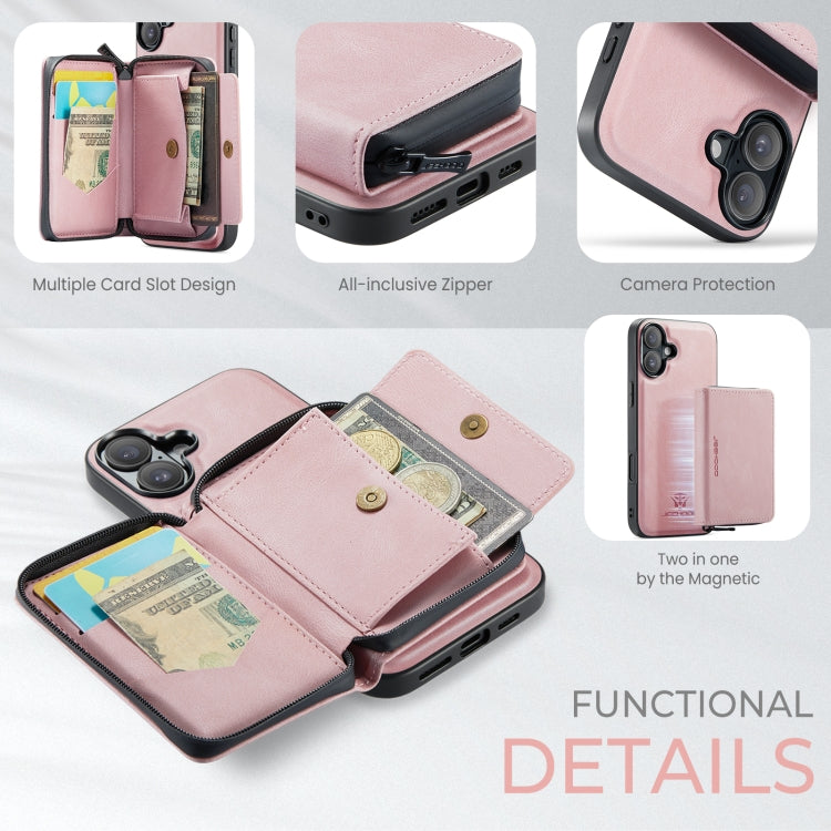 For iPhone 16 Plus JEEHOOD J02 Magnetic Zipper Horizontal Flip Leather Phone Case(Pink) - free shipping - PMC Jewellery - Order now!