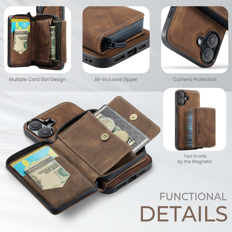 For iPhone 16 Plus JEEHOOD J02 Magnetic Zipper Horizontal Flip Leather Phone Case(Brown) - free shipping - PMC Jewellery - Order now!