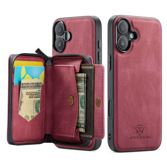 For iPhone 16 JEEHOOD J02 Magnetic Zipper Horizontal Flip Leather Phone Case(Red)