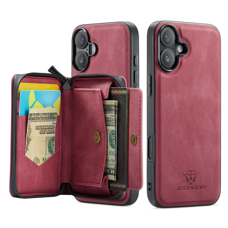 For iPhone 16 JEEHOOD J02 Magnetic Zipper Horizontal Flip Leather Phone Case(Red)