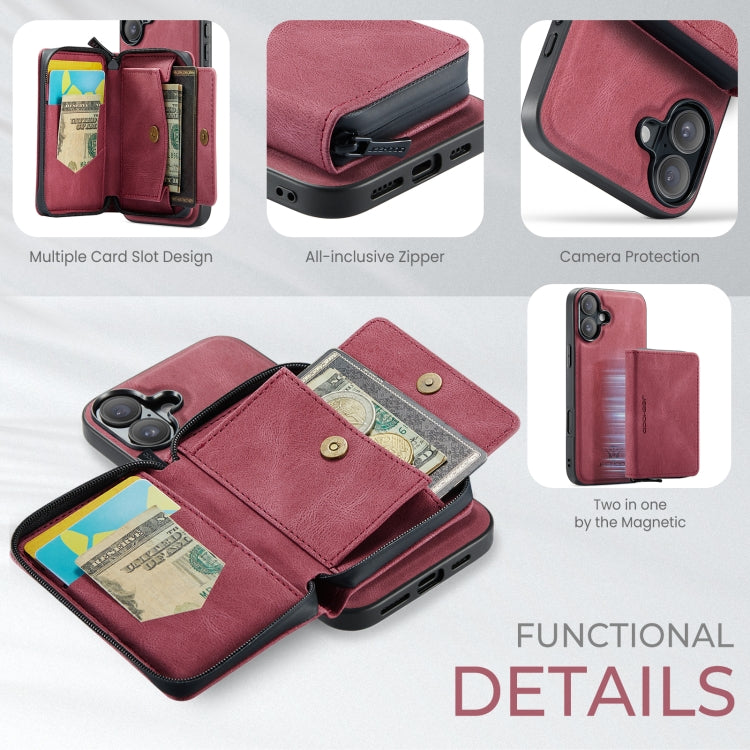 For iPhone 16 JEEHOOD J02 Magnetic Zipper Horizontal Flip Leather Phone Case(Red)
