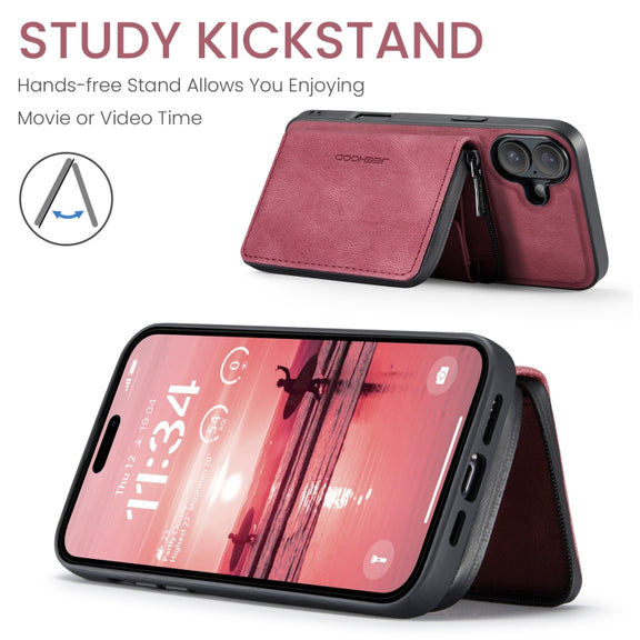 For iPhone 16 JEEHOOD J02 Magnetic Zipper Horizontal Flip Leather Phone Case(Red)