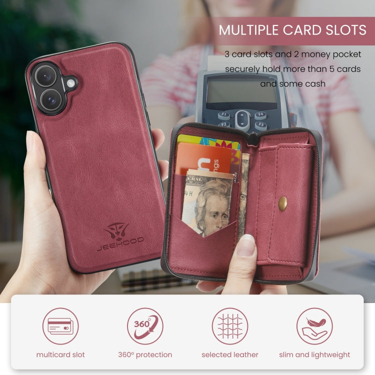 For iPhone 16 JEEHOOD J02 Magnetic Zipper Horizontal Flip Leather Phone Case(Red)