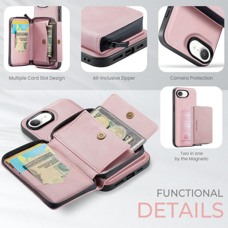 For iPhone 16e JEEHOOD J02 Magnetic Zipper Horizontal Flip Leather Phone Case(Pink) - free shipping - PMC Jewellery - Order now!