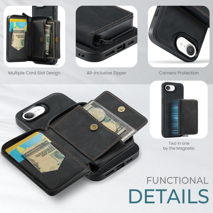 For iPhone 16e JEEHOOD J02 Magnetic Zipper Horizontal Flip Leather Phone Case(Black) - free shipping - PMC Jewellery - Order now!