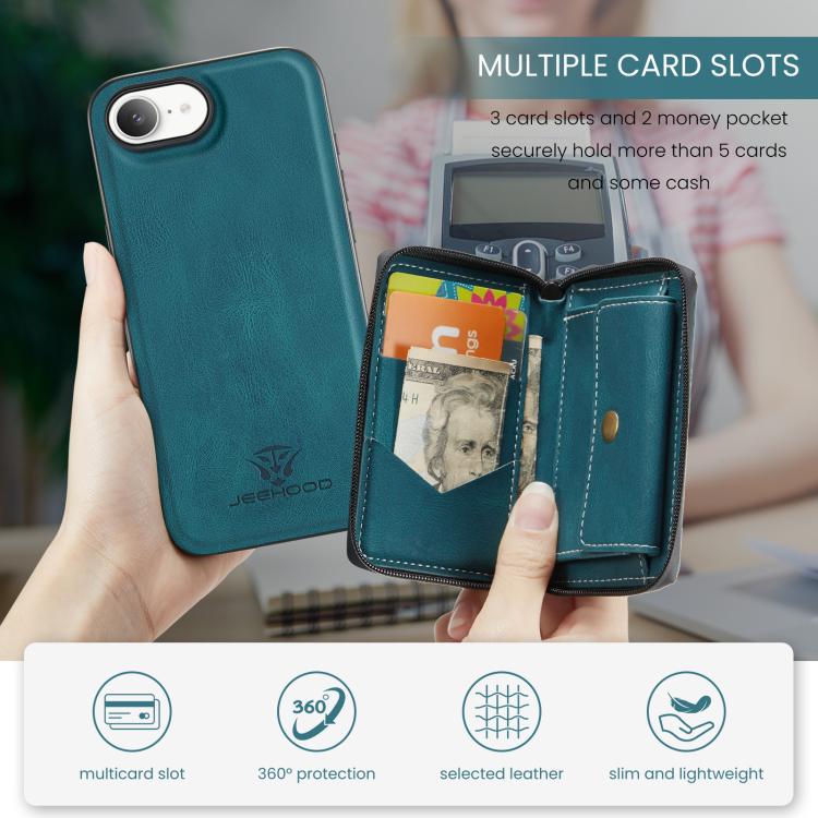 For iPhone 16e JEEHOOD J02 Magnetic Zipper Horizontal Flip Leather Phone Case(Blue) - free shipping - PMC Jewellery - Order now!