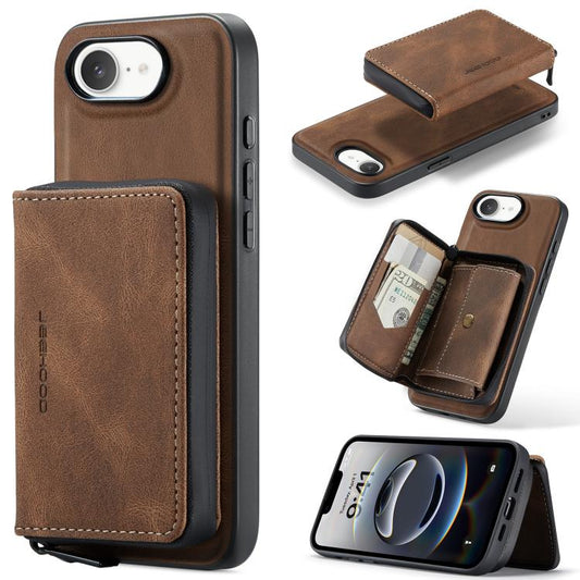 For iPhone 16e JEEHOOD J02 Magnetic Zipper Horizontal Flip Leather Phone Case(Brown) - free shipping - PMC Jewellery - Order now!