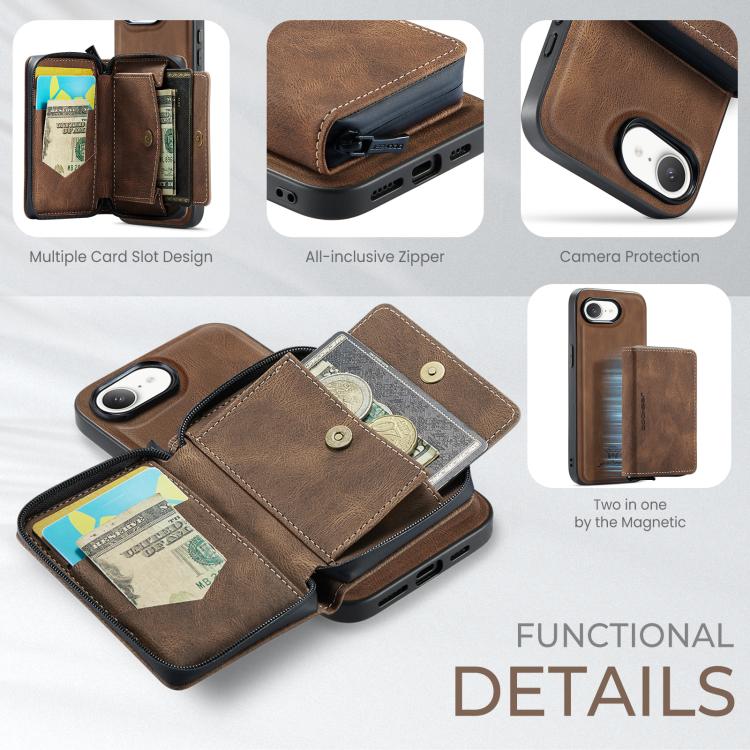 For iPhone 16e JEEHOOD J02 Magnetic Zipper Horizontal Flip Leather Phone Case(Brown) - free shipping - PMC Jewellery - Order now!