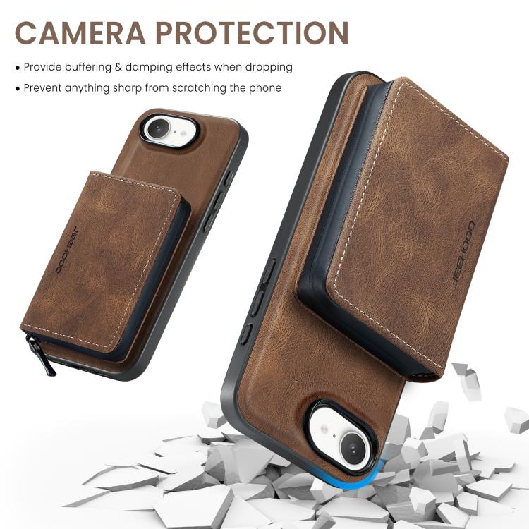 For iPhone 16e JEEHOOD J02 Magnetic Zipper Horizontal Flip Leather Phone Case(Brown) - free shipping - PMC Jewellery - Order now!