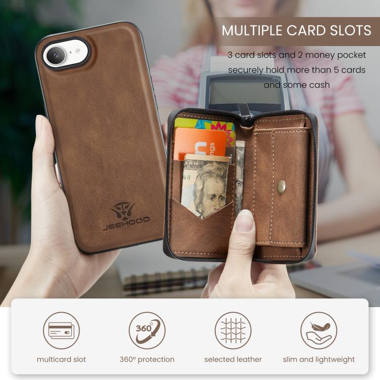 For iPhone 16e JEEHOOD J02 Magnetic Zipper Horizontal Flip Leather Phone Case(Brown) - free shipping - PMC Jewellery - Order now!