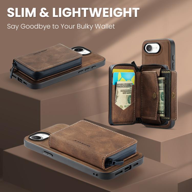For iPhone 16e JEEHOOD J02 Magnetic Zipper Horizontal Flip Leather Phone Case(Brown) - free shipping - PMC Jewellery - Order now!