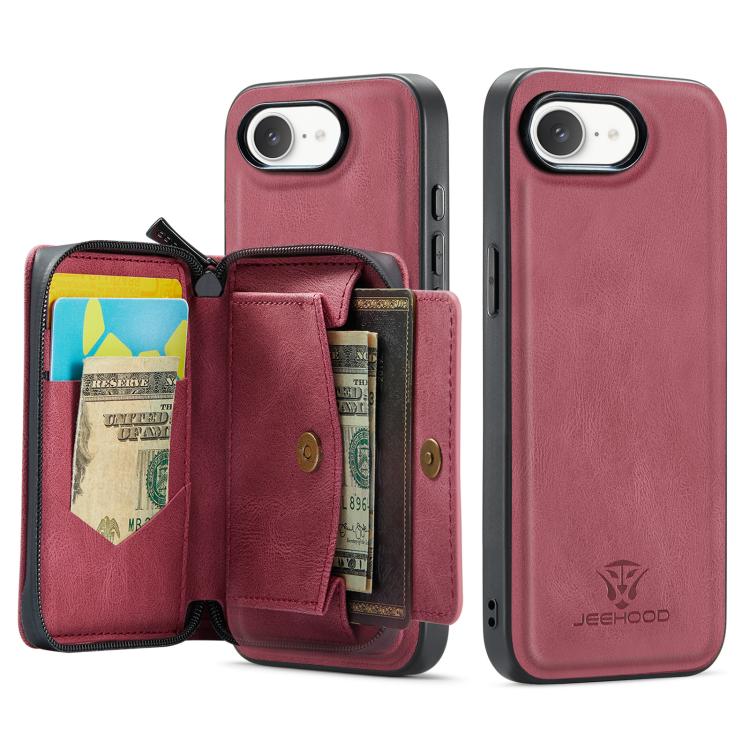 For iPhone 16e JEEHOOD J02 Magnetic Zipper Horizontal Flip Leather Phone Case(Red) - free shipping - PMC Jewellery - Order now!