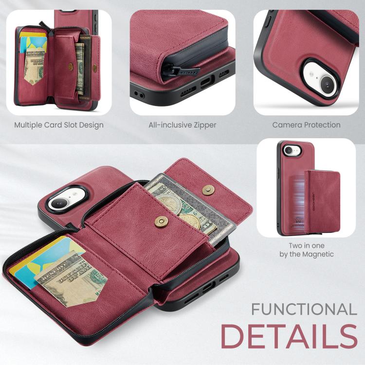 For iPhone 16e JEEHOOD J02 Magnetic Zipper Horizontal Flip Leather Phone Case(Red) - free shipping - PMC Jewellery - Order now!