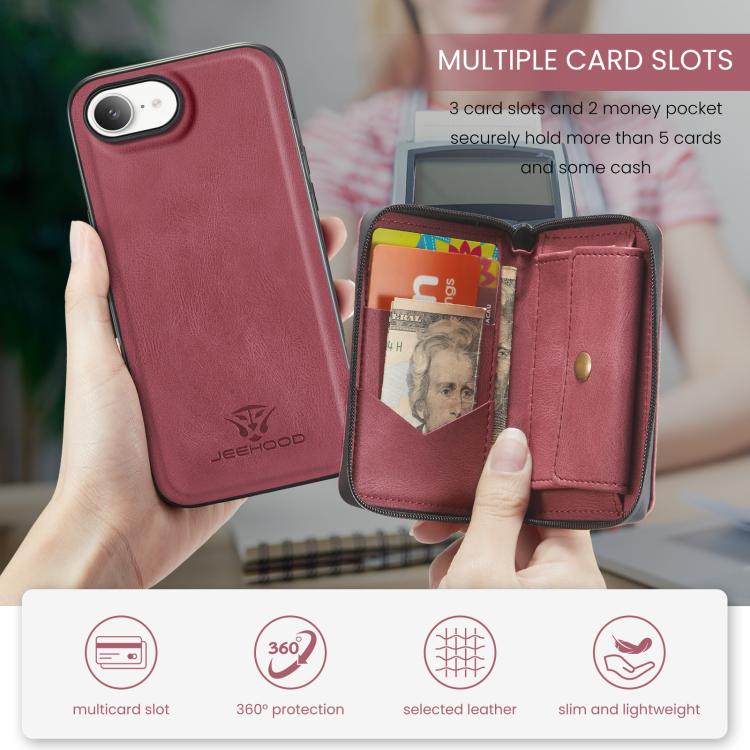 For iPhone 16e JEEHOOD J02 Magnetic Zipper Horizontal Flip Leather Phone Case(Red) - free shipping - PMC Jewellery - Order now!