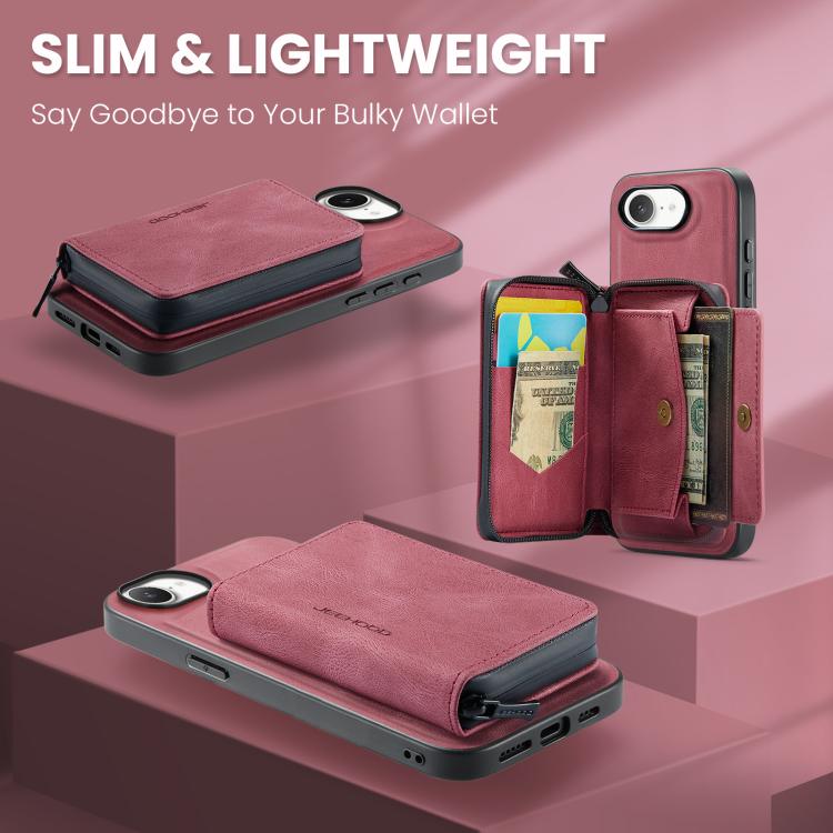 For iPhone 16e JEEHOOD J02 Magnetic Zipper Horizontal Flip Leather Phone Case(Red) - free shipping - PMC Jewellery - Order now!