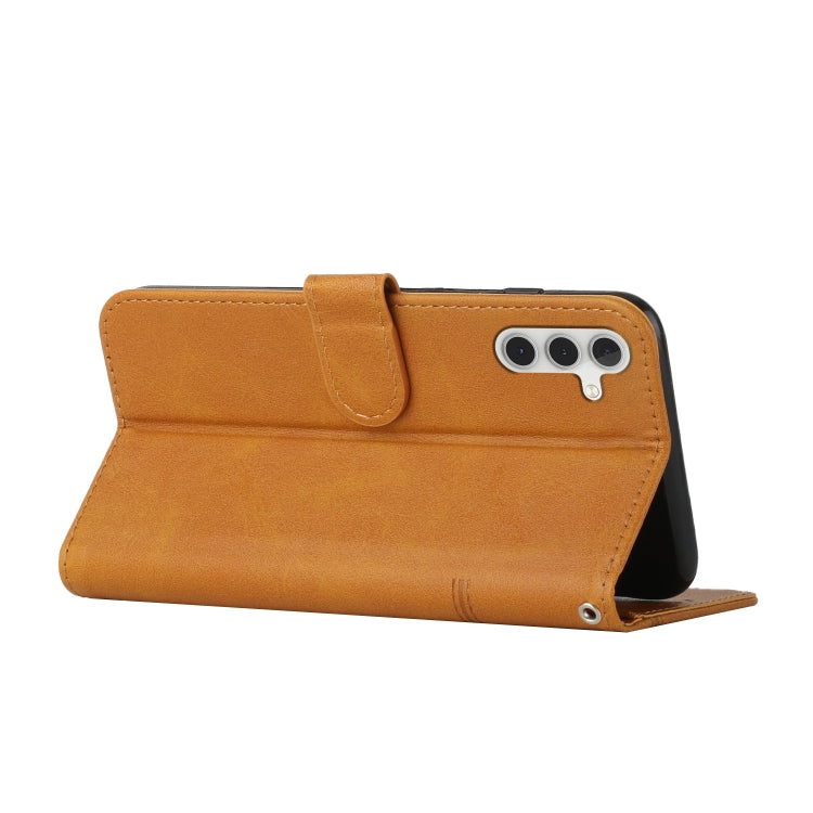 For Samsung Galaxy S25+ / S24+ 5G Stitching Calf Texture Buckle Leather Phone Case(Yellow)