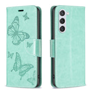 For Samsung Galaxy S25 5G Embossing Two Butterflies Pattern Leather Phone Case(Green)