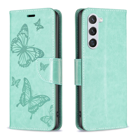 For Samsung Galaxy S25 5G Embossing Two Butterflies Pattern Leather Phone Case(Green)