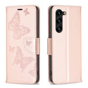 For Samsung Galaxy S25+ 5G Embossing Two Butterflies Pattern Leather Phone Case(Rose Gold)