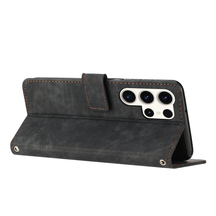 For Samsung Galaxy S25 Ultra 5G Skin Feel Stripe Pattern Leather Phone Case with Long Lanyard(Black) - Galaxy S25 Ultra 5G Cases by PMC Jewellery | Online Shopping South Africa | PMC Jewellery | Buy Now Pay Later Mobicred