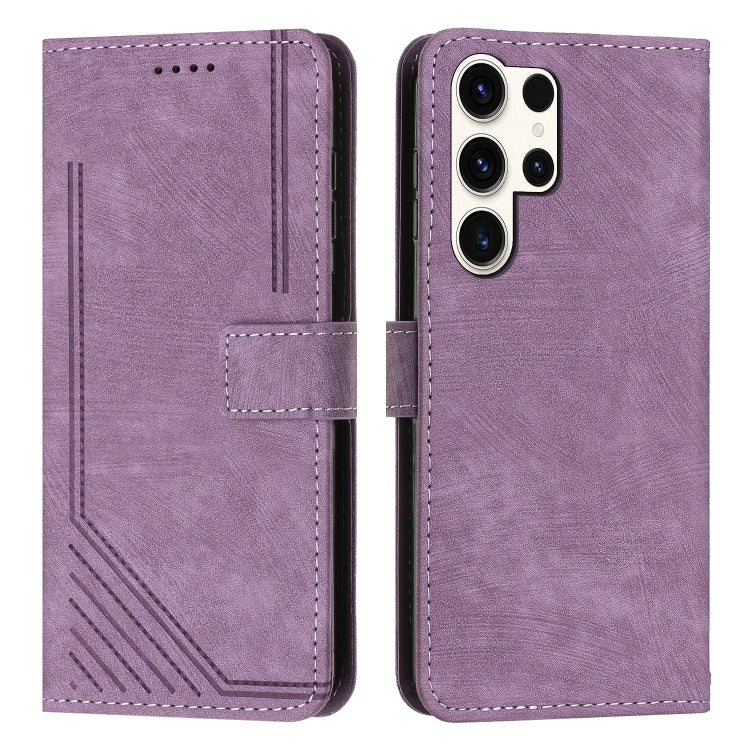 For Samsung Galaxy S25 Ultra 5G Skin Feel Stripe Pattern Leather Phone Case with Long Lanyard(Purple) - free shipping - PMC Jewellery - Order now!