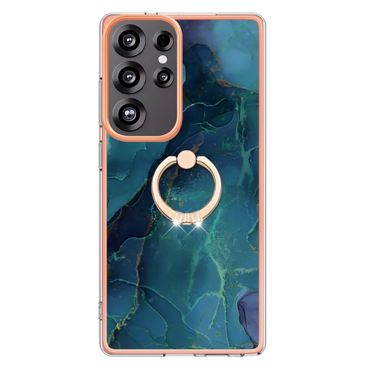 For Samsung Galaxy S25 Ultra 5G Electroplating Marble Dual-side IMD Phone Case with Ring(Green 017)