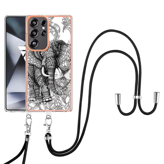 For Samsung Galaxy S25 Ultra 5G Electroplating Dual-side IMD Phone Case with Lanyard(Totem Elephant)
