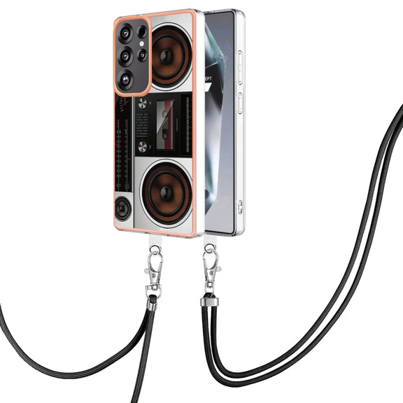 For Samsung Galaxy S25 Ultra 5G Electroplating Dual-side IMD Phone Case with Lanyard(Retro Radio)