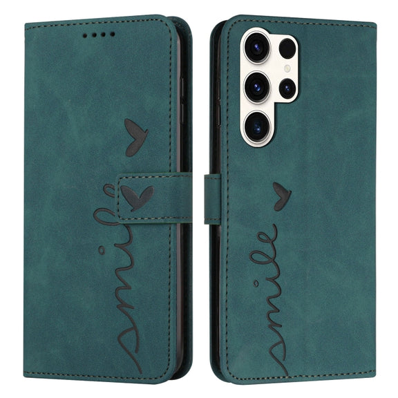 For Samsung Galaxy S25 Ultra 5G Skin Feel Heart Embossed Leather Phone Case with Long Lanyard(Green)