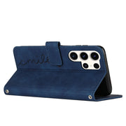 For Samsung Galaxy S25 Ultra 5G Skin Feel Heart Embossed Leather Phone Case with Long Lanyard(Blue)