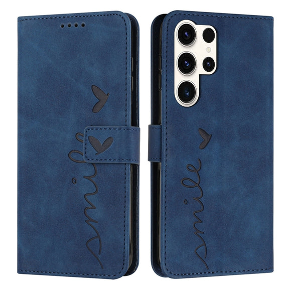 For Samsung Galaxy S25 Ultra 5G Skin Feel Heart Embossed Leather Phone Case with Long Lanyard(Blue)