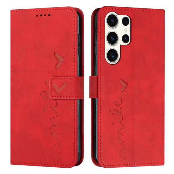 For Samsung Galaxy S25 Ultra 5G Skin Feel Heart Embossed Leather Phone Case with Long Lanyard(Red)