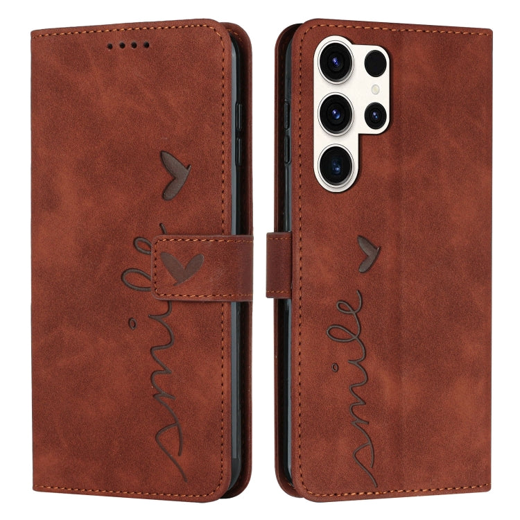For Samsung Galaxy S25 Ultra 5G Skin Feel Heart Embossed Leather Phone Case with Long Lanyard(Brown) - Galaxy S25 Ultra 5G Cases by PMC TechLife | Online Shopping South Africa | PMC TechLife | Buy Now Pay Later Mobicred