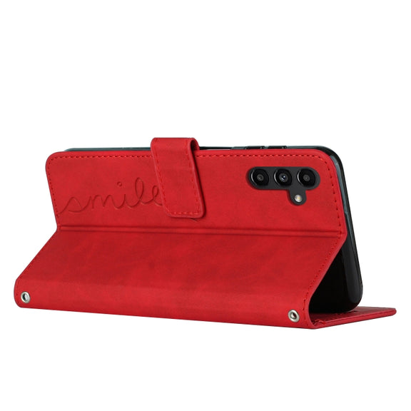 For Samsung Galaxy S25 / S24 5G Skin Feel Heart Embossed Leather Phone Case with Long Lanyard(Red)