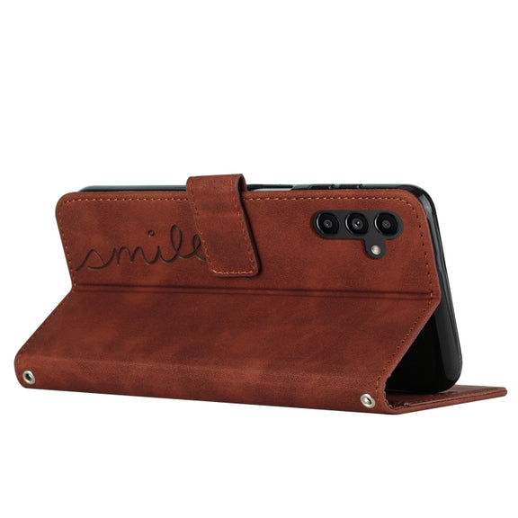 For Samsung Galaxy S25+ / S24+ 5G Skin Feel Heart Embossed Leather Phone Case with Long Lanyard(Brown)