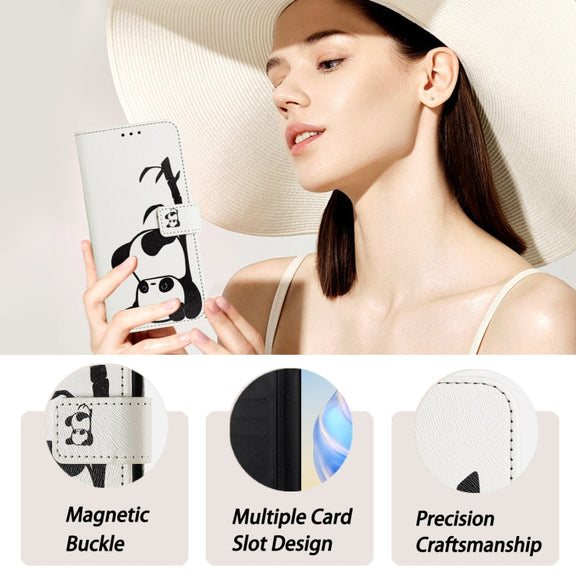 For iPhone 16e Art Colored Drawing Pattern Leather Phone Case(Panda)