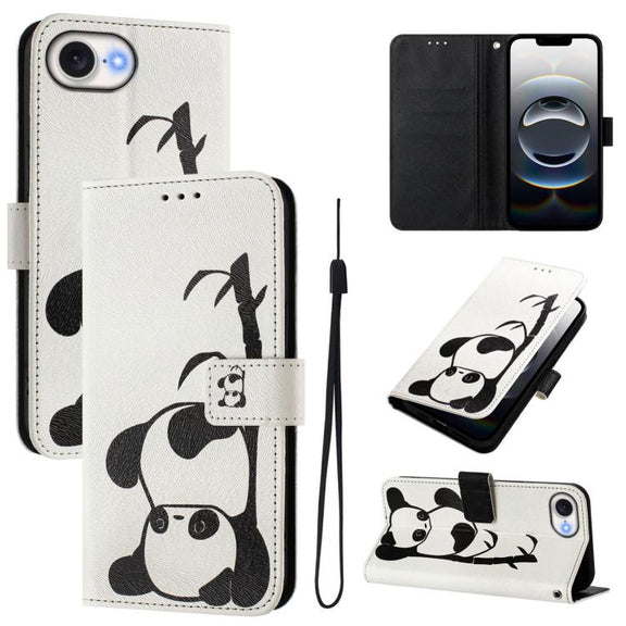 For iPhone 16e Art Colored Drawing Pattern Leather Phone Case(Panda)