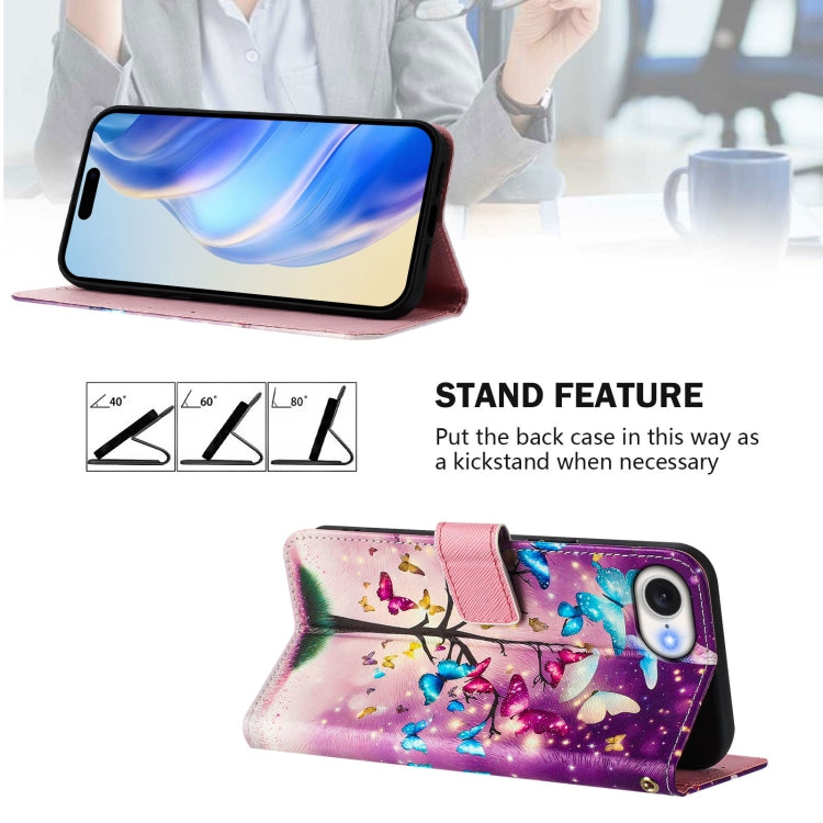 For iPhone 16e Art Colored Drawing Pattern Leather Phone Case(Butterfly branch) - iPhone 16e Cases by PMC TechLife | Online Shopping South Africa | PMC TechLife | Buy Now Pay Later Mobicred