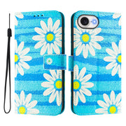 For iPhone 16e Art Colored Drawing Pattern Leather Phone Case(Blue daisy)